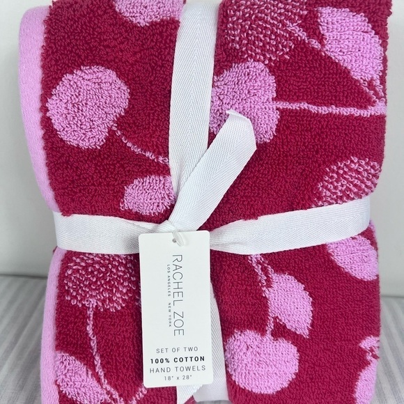 Rachel Zoe Red & Pink Cherry Hand Towels Set of 2 100% Cotton NEW - Picture 6 of 9